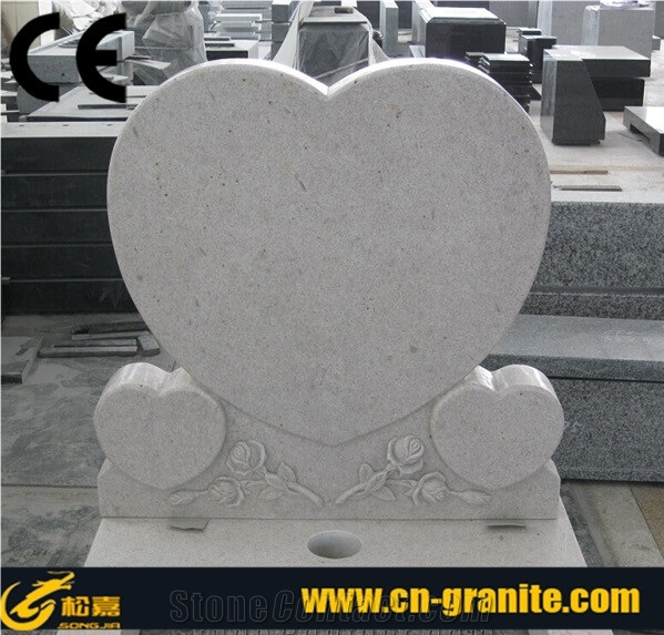 Pearl White Granite Tombstone & Monument Heart Design with Rose Craving Granite Monument Canada Monument Modern