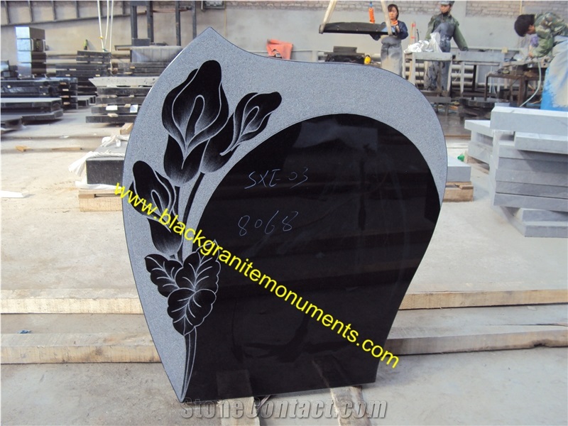 Absolute Black Granite Tombstone,Shanxi Black Granite Monument,Western Style Upright Polished Black Headstone with Etching