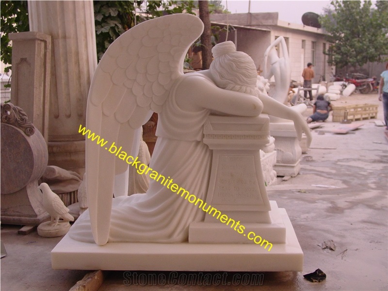 White Marble Sculpture Handcarved Garden Statue Weeping Angel