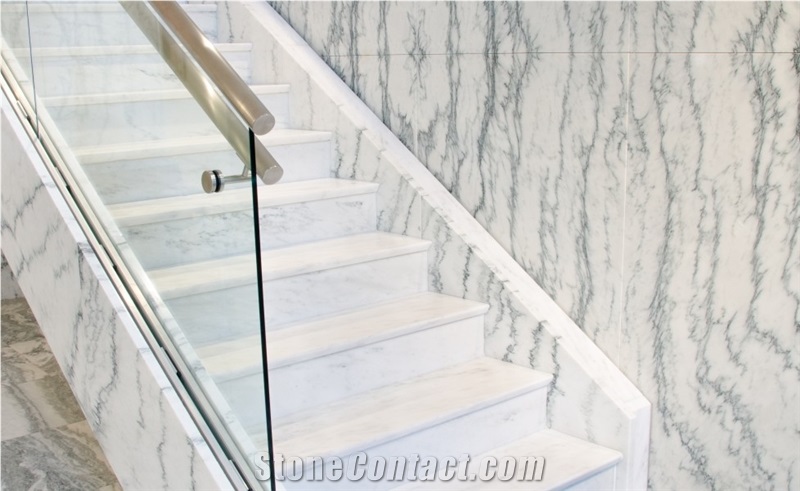 Vermont Quarries Corp Main Office Entry - Stairs with Crystal Stratus Danby Adorns the Floor with Special Cut, 2cm Thick Tiles, Stairs