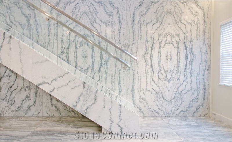 Vermont Quarries Corp Main Office Entry - Stairs with Crystal Stratus Danby Adorns the Floor with Special Cut, 2cm Thick Tiles, Stairs