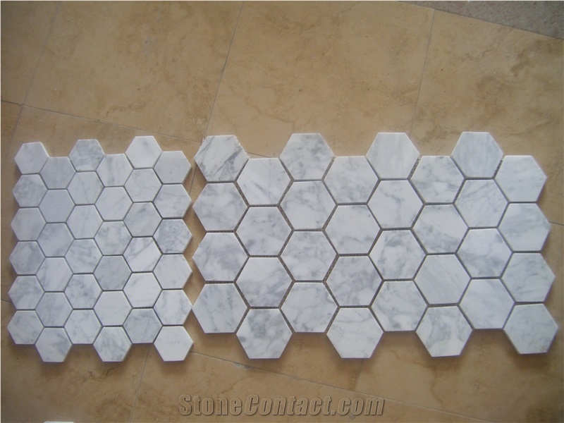 Carrara White Marble Mosaics,73x73mm Hexagon Mosaics,White Marble Mosaic Tiles,China White Marble Mosaic