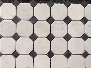 Carrara White +Nero Marquina Octagon Marble Mosaic 48x48+15x15mm, Black White Marble Mosaic