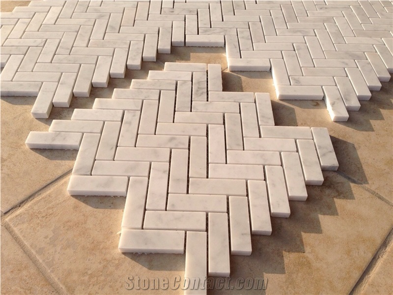 Carrara Wthie Herringbone 20x64mm，White Marble Mosaic Tiles,China White Marble Mosaic