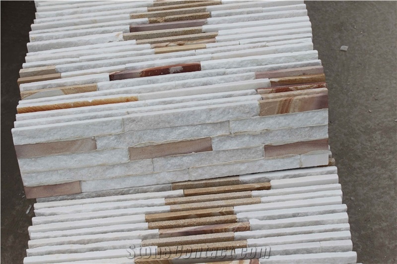White Marble and Rainbow Sandstoned Culture Stone Panel Wall Cladding Stacked Stone