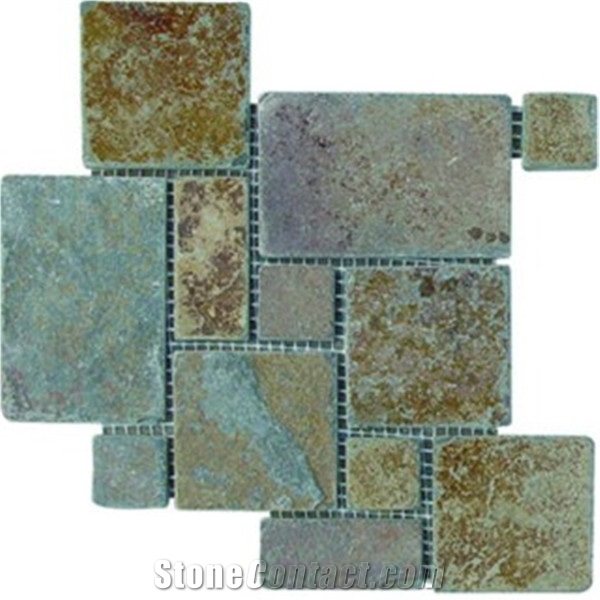 Black Rusty Slate Stone Mosaic on Mesh,China Rust Slate Flagstone Mesh,Multi-Color Slate Random/Irregular Flagstone for Garden Road