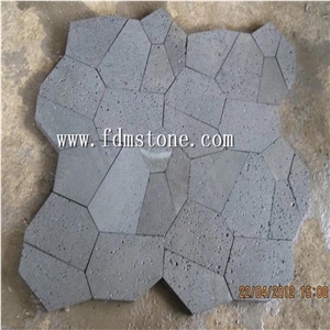Hainan Lava Stone Crazy Paver,Flagstone on Mesh,Black Organic Stepper