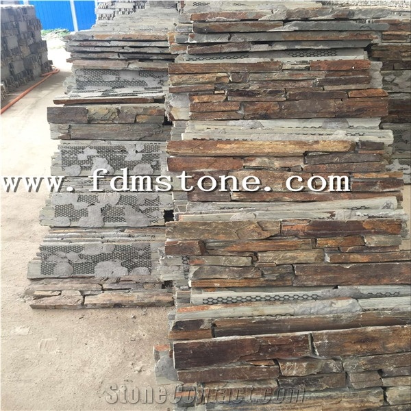 Multicolor Slate Ledgestone,Back with Cement Thick Natural Stacked Stone Veneer,Rustic Slate Cemented Culture Stone Veneer in 15x60 18x35cm