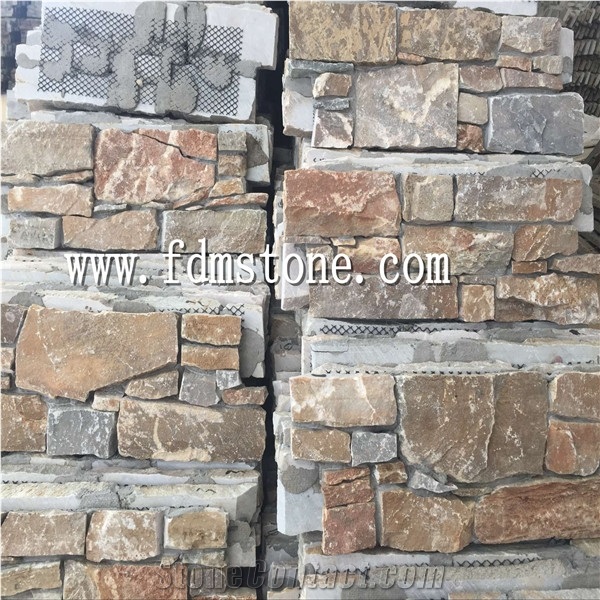 Multicolor Slate Ledgestone,Back with Cement Thick Natural Stacked Stone Veneer,Rustic Slate Cemented Culture Stone Veneer in 15x60 18x35cm