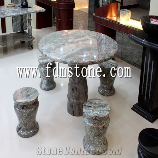 Outdoor Round Green Stone Dining Table, Round Stone Dining Table And Chairs
