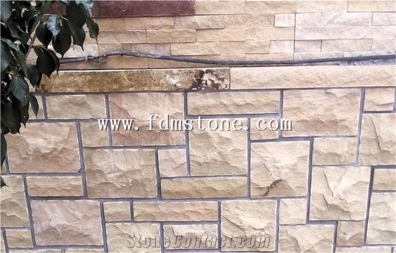 Shandong Yellow Teak Wooden Sandstone Cultured Stone for Wall Brick Pattern with Crazy Vein
