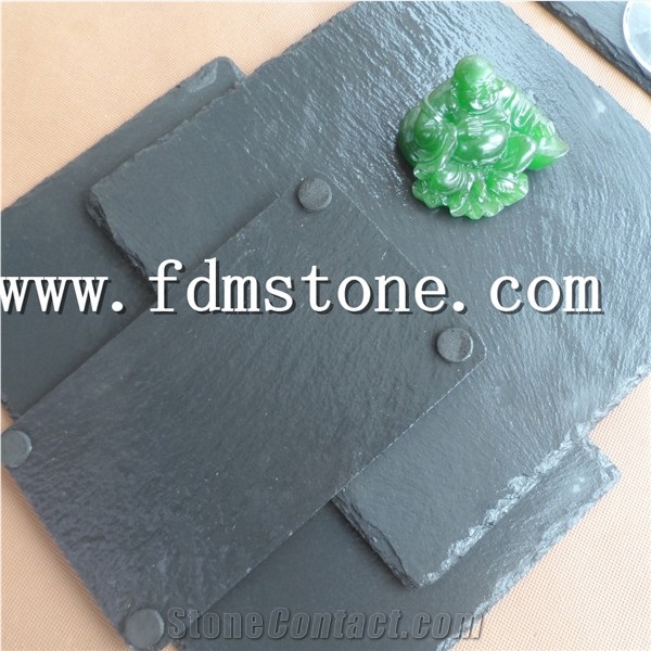 Wholesale Black Natural Slate Stone Pizza Cheese Board with S/S Handles Slate Handle Dinner Tapas Plate Food