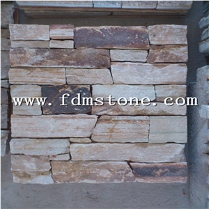 Yellow Sandstone and Rusty Brown Slate Glued Cultured Stone Wall Ledge Stone Stacked Veneer Interlocking Corner Stone