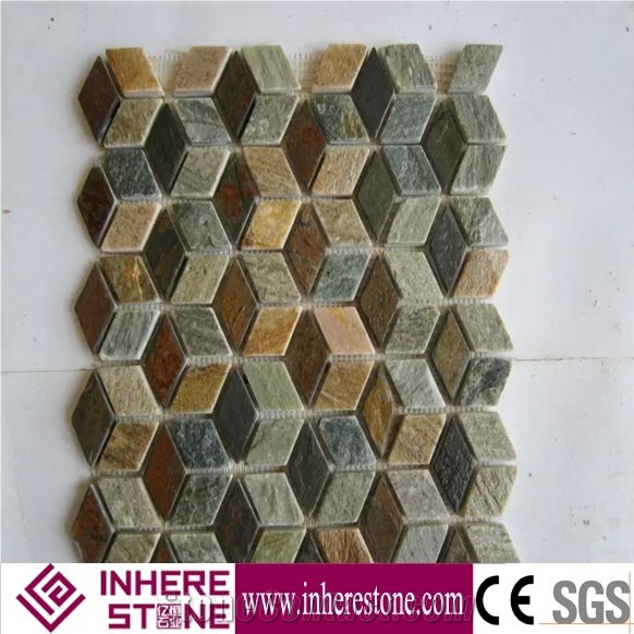 China Yellow Slate Mosaic,Slate Mosaic Pattern Tiles