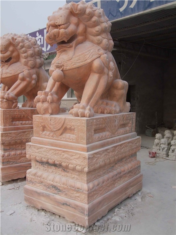 Customized Design -Wanxia Red Marble Animal Sculpture for Garden Decoration/ Lion Sculpture for Landscaping Stone Door Outside Decoration