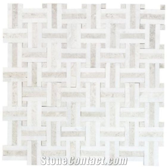 Cararra White Marble Basketweave Design Mosaic with Black Marble Dots