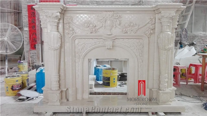 Chinese Factory Beige Marble Cream Marfil Marble Fireplace for Villa