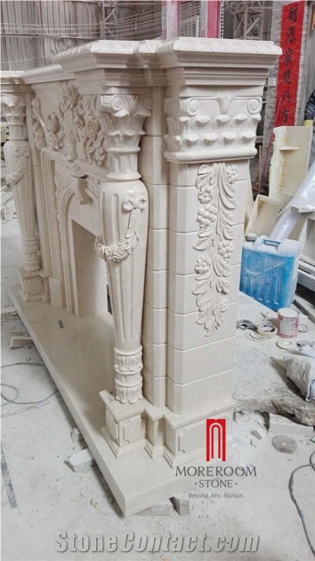 Chinese Factory Beige Marble Cream Marfil Marble Fireplace for Villa