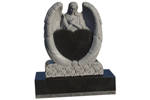 Angel Double Heart Carving Black Granite Stone Memorial Angel Heart Tombstone Angel Monument