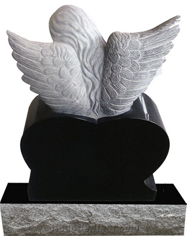 Angel Double Heart Carving Black Granite Stone Memorial Angel Heart Tombstone Angel Monument