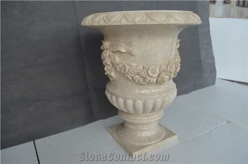 Biege Marble Carving Flower Pot Vase Stand Planter