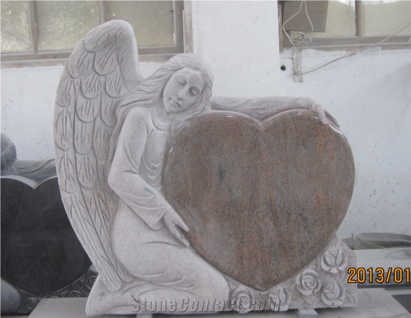 Multicolor Red Granite Angel Holding a Heart