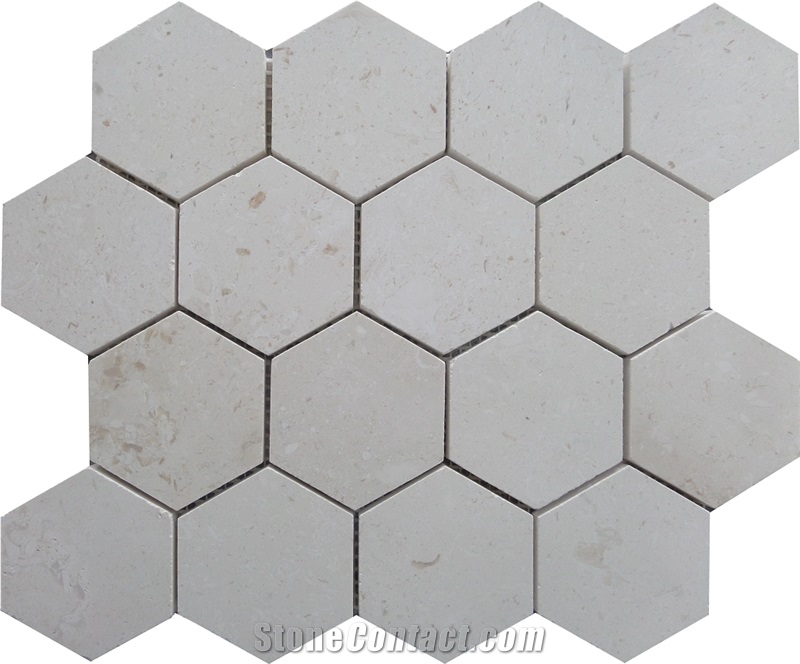 Shell Stone Hexagon Mosaic, White Limestone Mosaic