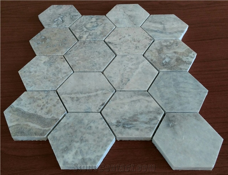 Silver Travertine Hexagon Mosaic, Grey Travertine Mosaic