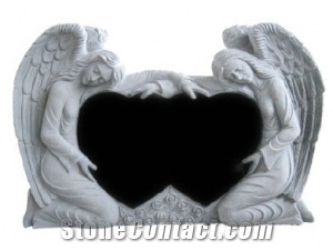 Shanxi Black Granite Double Heart Double Angels Tombstone in Black Color