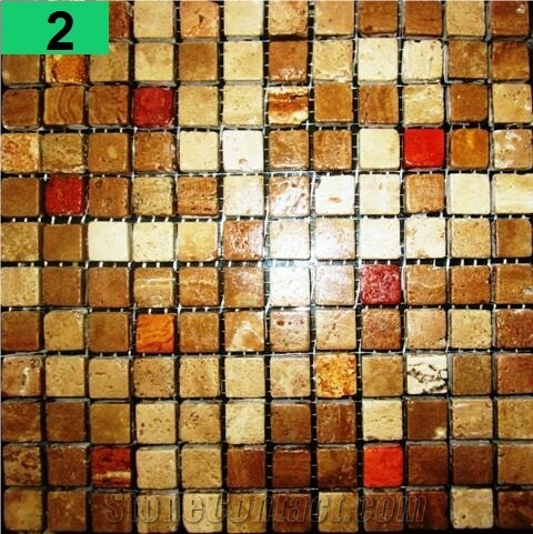 Antique Puzzle, Multicolor Travertine Mosaic, Basketweave Mosaic