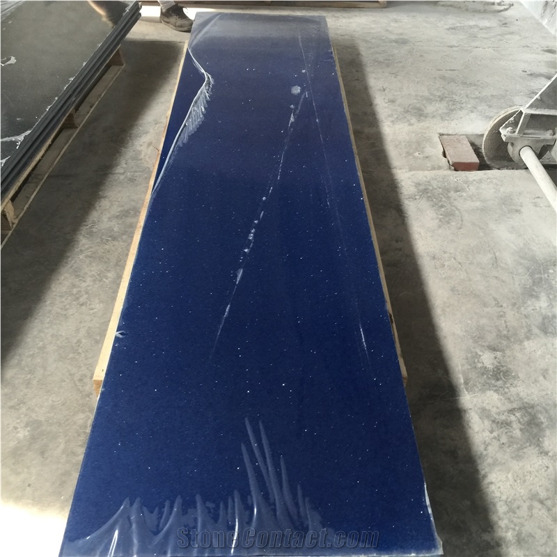 Blue Big Granule Quartz Slab with Mirror Effect