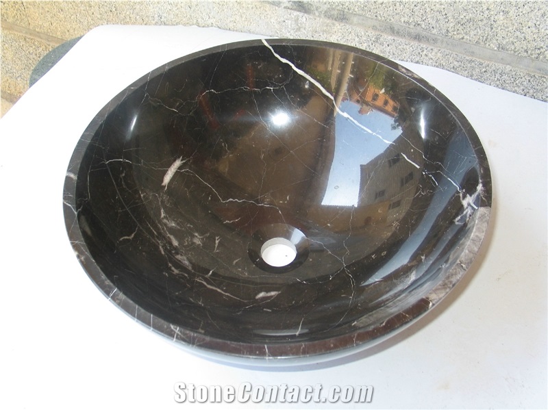 Natural Stone Black White Marble Bathroom Wash Sinks, Kitchen Vessel Round Basins, Black Marble Round Sink, Outdoor & Indoor Polished Surface Wash Bowls Oval Basins