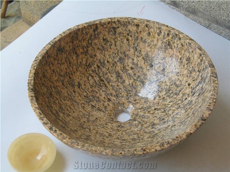 Natural Stone G717 Granite Bathroom Wash Sinks, Kitchen Vessel Round Basins, Yellow Granite Round Sink, Outdoor & Indoor Polished Surface Wash Bowls Oval Basins