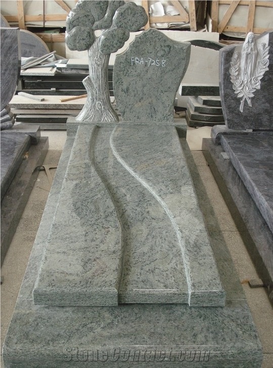 New Western Style Grey Granite Headstone with Trees
