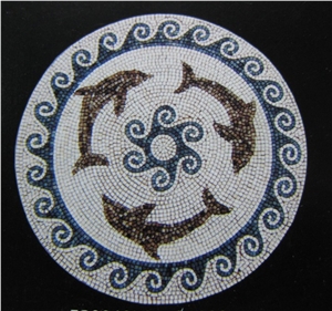 Round Dolphin Mosaic Pattern, White Marble Medallion