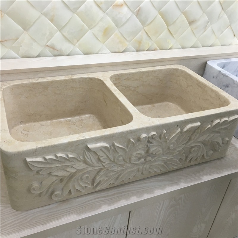 Square Crema Marfil Beige Marble Flowered Carved Rectangle Sink