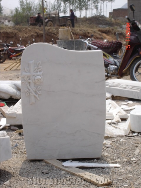 Western Style White Marble Tombstone with Cross Headstone
