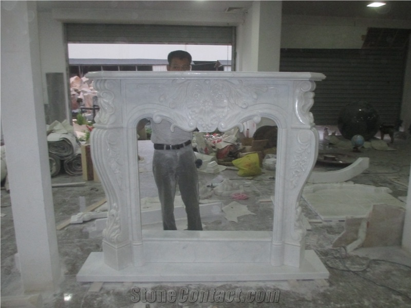 Pure Hand Carved Hunan White Marble Fireplace from China