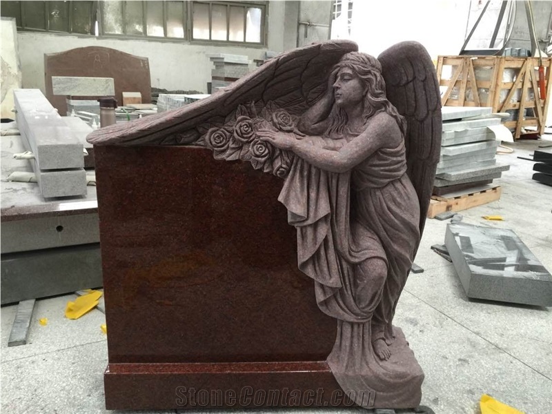 Custom Indian Red Carved Angel Statue Headstone /Tombstone