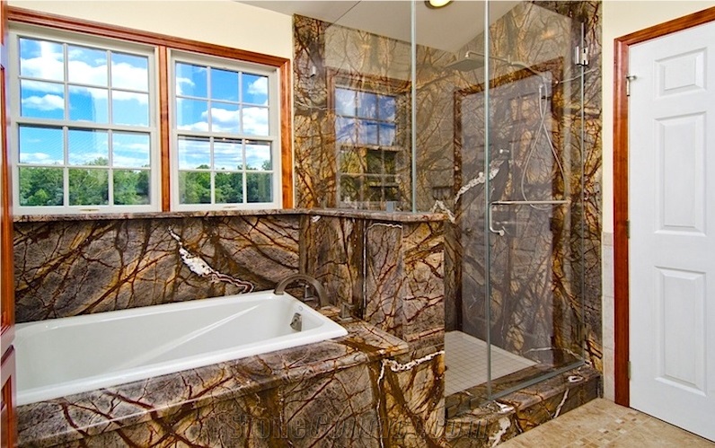 golden rainforest master bathroom decorating, yellow marble flooring tiles, Rain Forest Brown marble wall tiles, covering tiles 