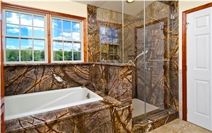 golden rainforest master bathroom decorating, yellow marble flooring tiles, Rain Forest Brown marble wall tiles, covering tiles 