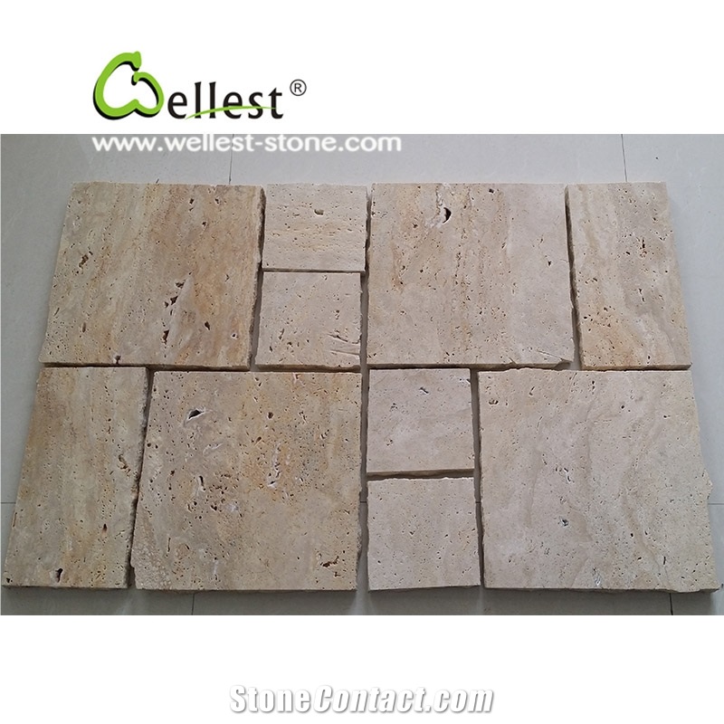Light Travertine Tumbled Pattern Tiles, Pavers, Beige Travetine French Pattern Stone, Paving Sets, Floor Covering