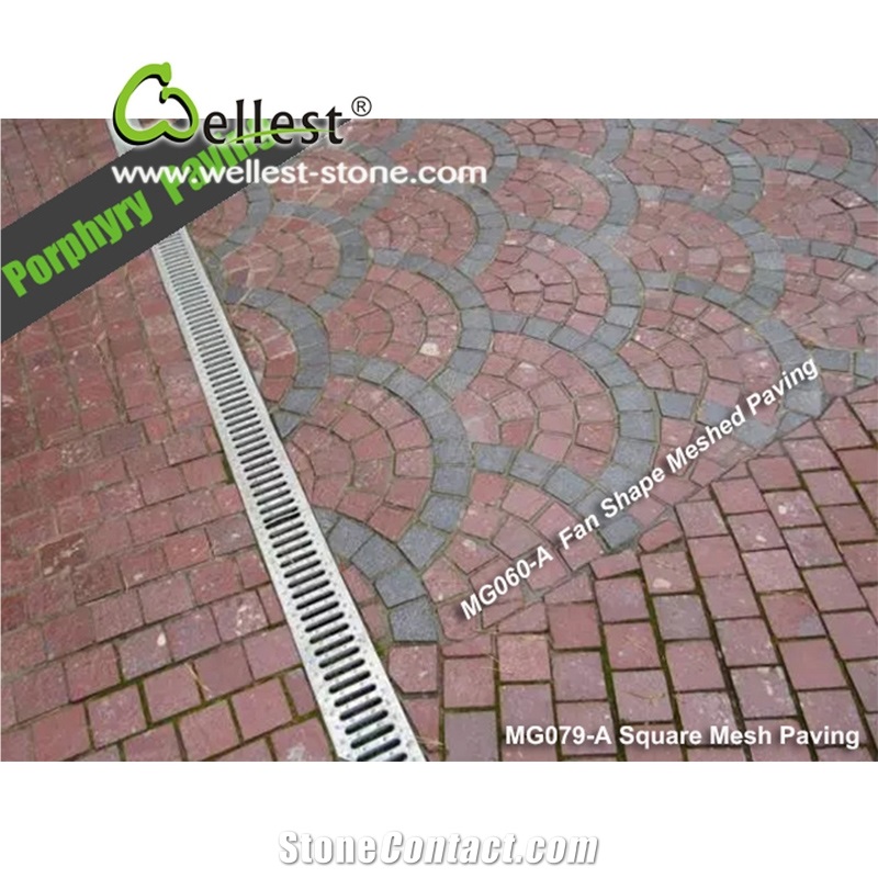 Natural Tumbled Paving on Mesh, Chinese Red Porphyry Exterior Paving Pattern Cobble Stone for Courtyard/Driveway/Garden Stepping/Walkway, China Porphyry Red Granite Cobble Stone