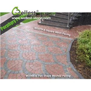 Natural Tumbled Paving on Mesh, Chinese Red Porphyry Exterior Paving Pattern Cobble Stone for Courtyard/Driveway/Garden Stepping/Walkway, China Porphyry Red Granite Cobble Stone