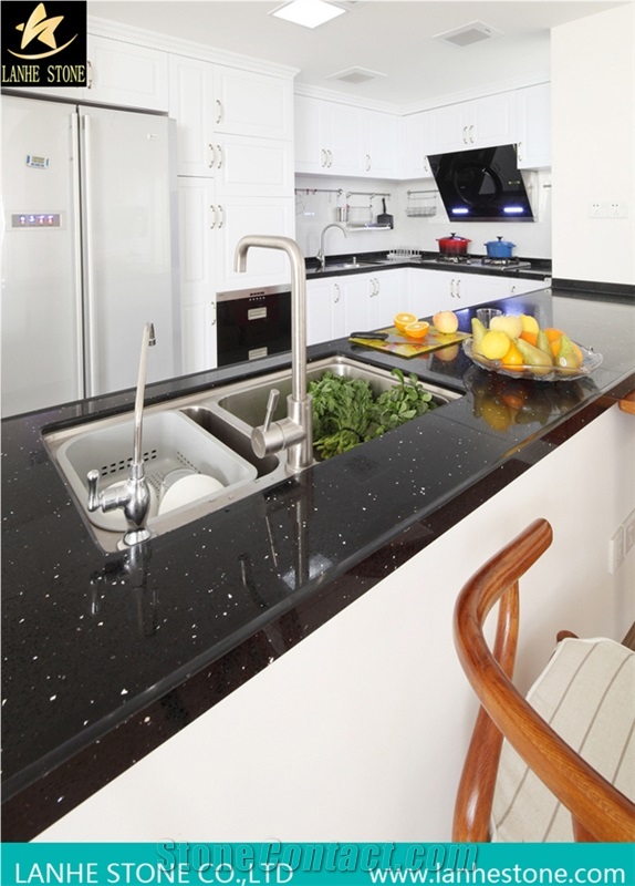 Environmentally-Friendly Non-Porous Black Quartz Stone Kitchen Countertop with Single Bowl Undermount Sink,Healthier Indoors,Healthier Environment