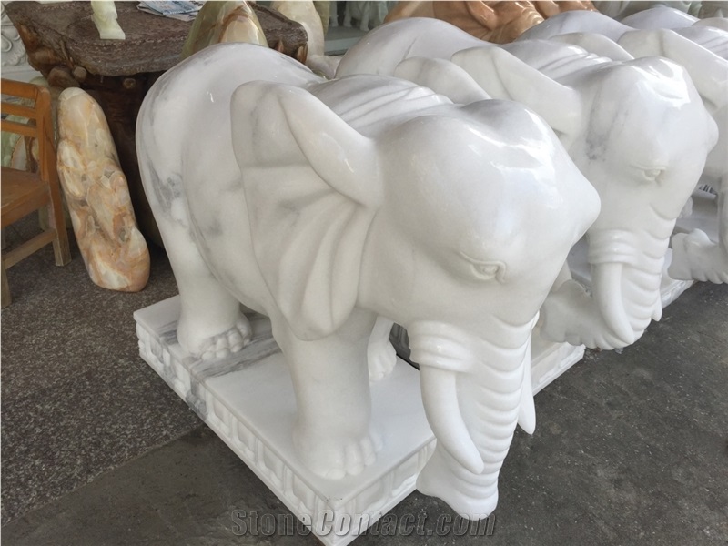 China White Marble Elephant Sculptures