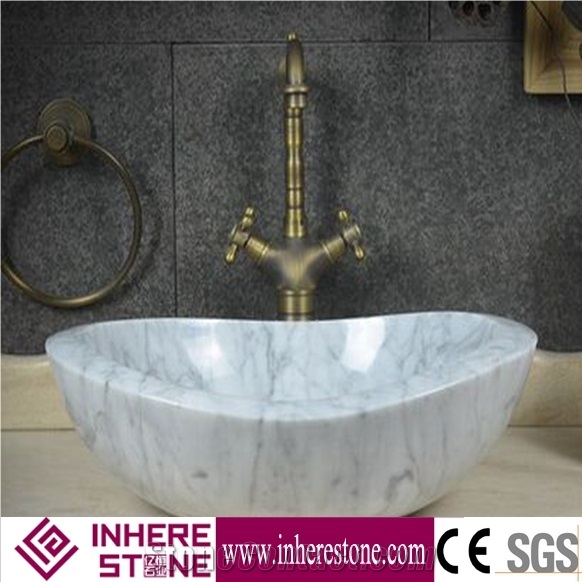 Carrara White Marble Vessel Sink, Bianco Carrara Bathroom Wash Basin, Oval Sinks