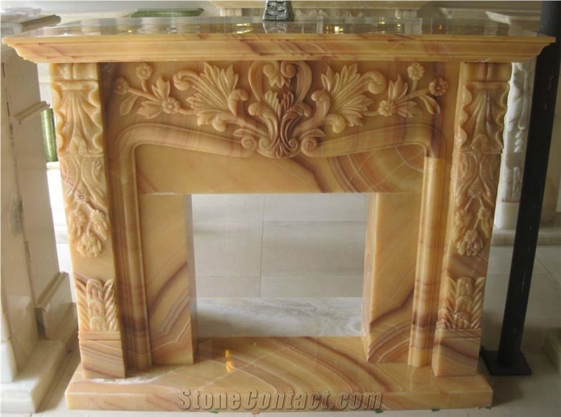 Western Style China Honey Onyx Sculptured Fireplace /Handcarved Fireplace