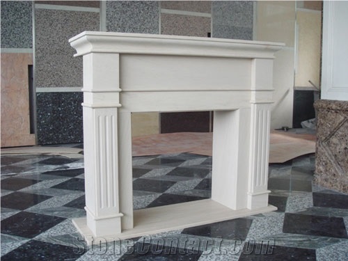 White Limestone Flower Sculptured Fireplace Mantel by Handcarved Fireplace Hearth