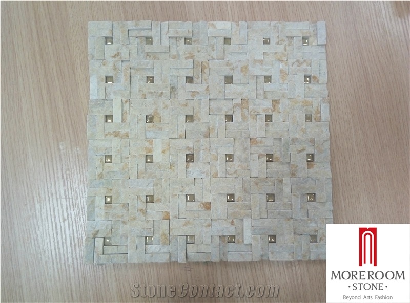Beige Marble Honed Basketweave Mosaic Pattern Tile with Golden Dots
